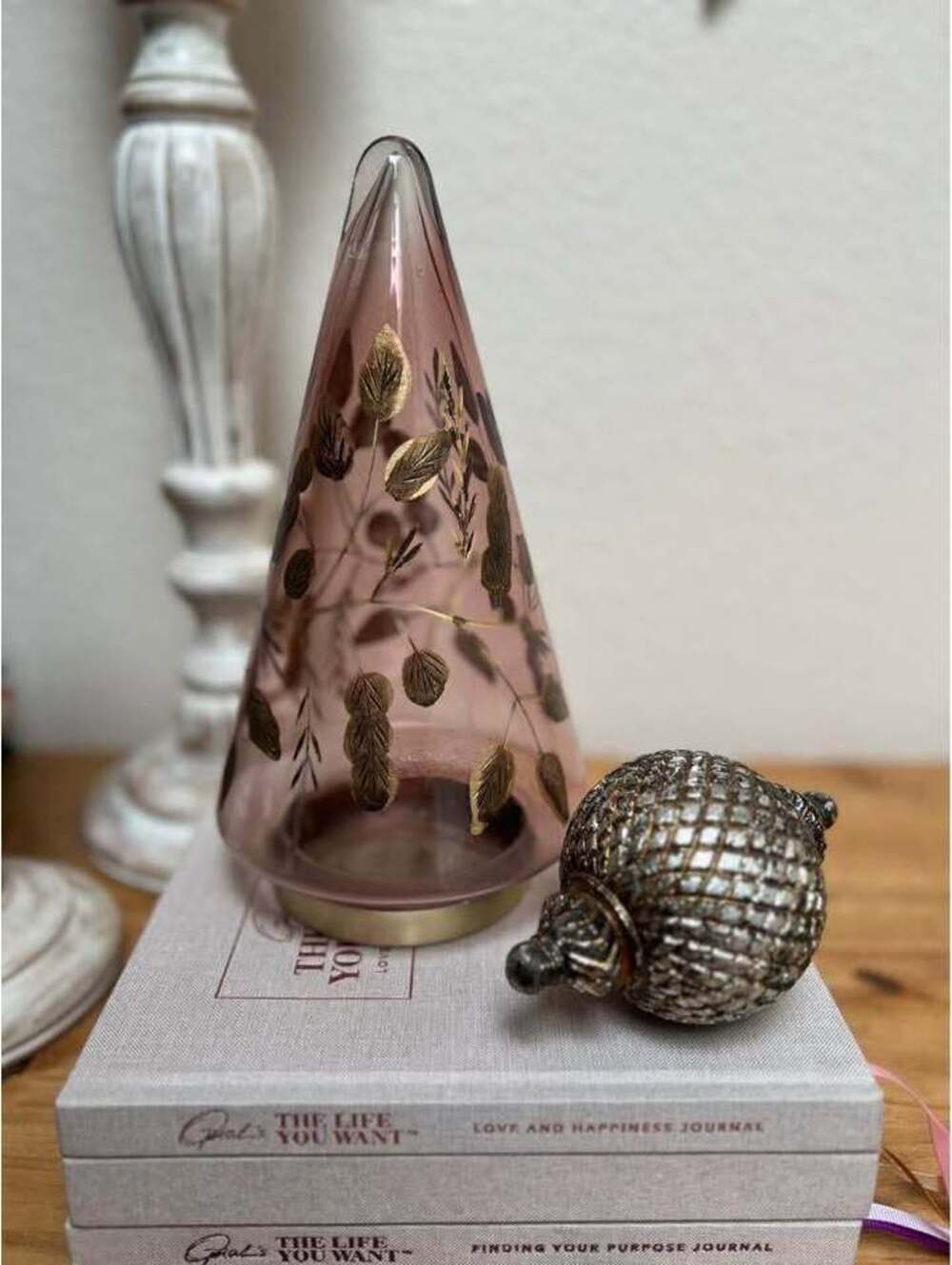 Gold Etched Pink Glass Christmas Tree Holiday Decor
